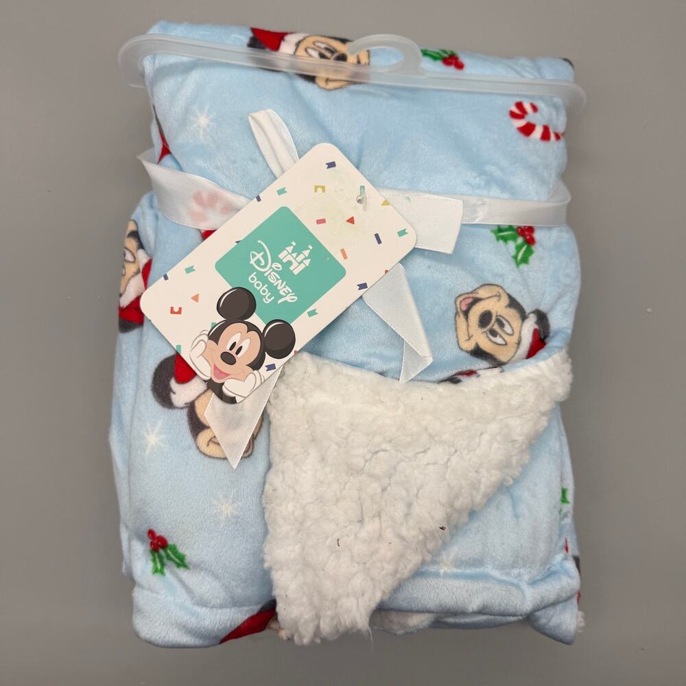 Baby Blanket Christmas Disney Mickey Mouse Blue 30x40 Plush New With Tags